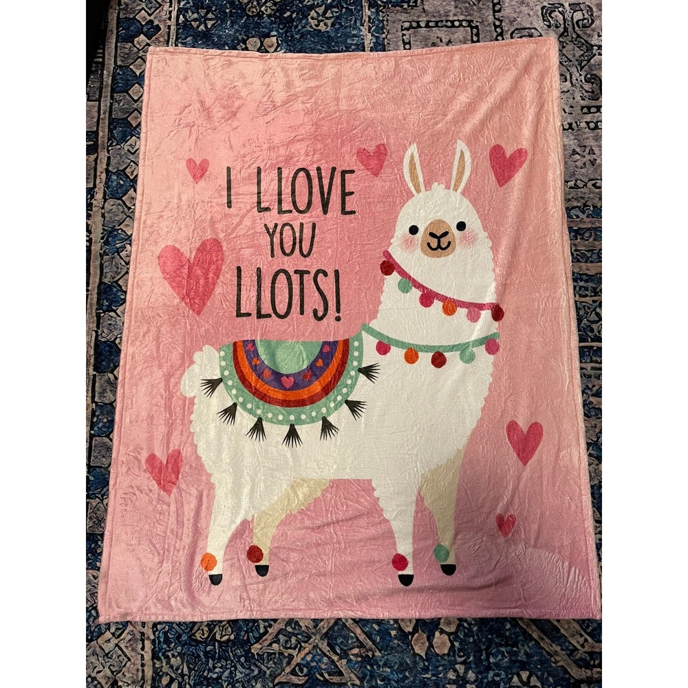 Pink Plush Llama Throw Blanket I Llove You Llots Hearts Fleece 49x38
